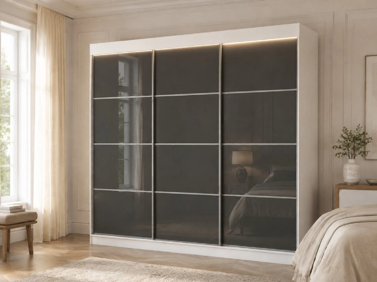 Schiebetürenschrank mit Sprossen 250 cm mit LED-Beleuchtung Ponti Weiß, Grau