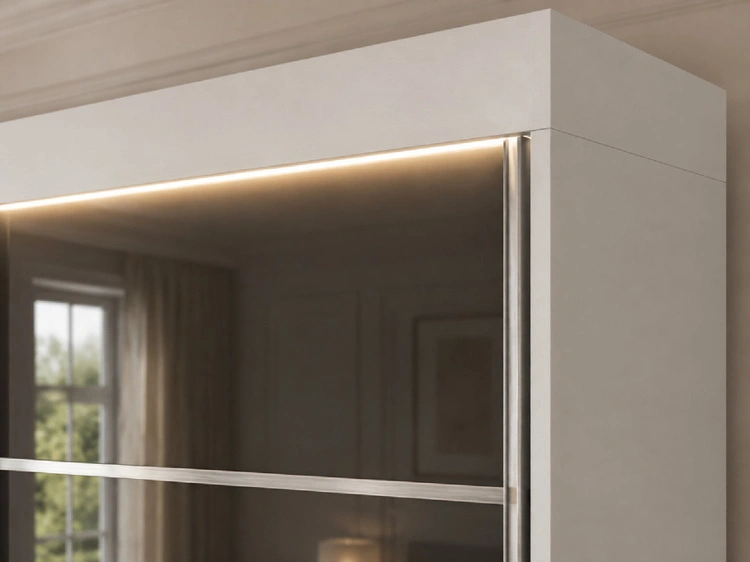 Schiebetürenschrank mit Sprossen 250 cm mit LED-Beleuchtung Ponti Weiß, Grau