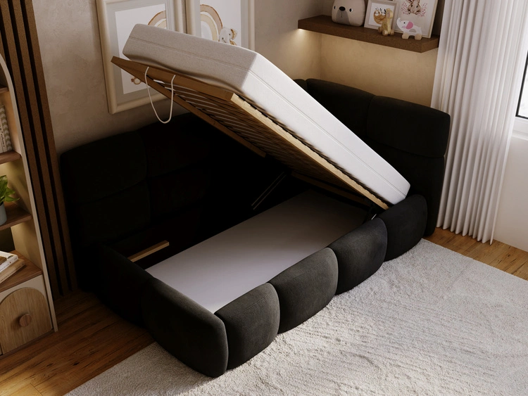 Gepolstertes Jugend-Einzelbett mit Bettkasten und Holzrost 90x200 Modo One Links Schwarz