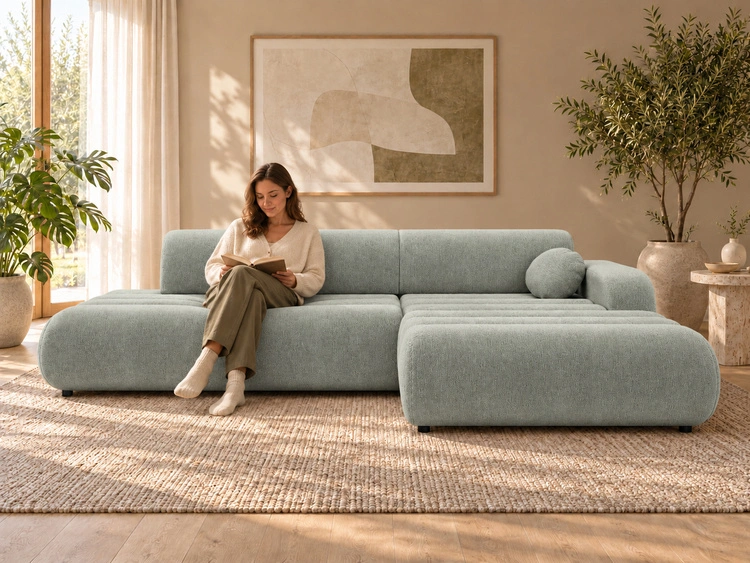Ecksofa L-Form mit Schlaffunktion und Bettkasten Lisso Rechts Hellgrün
