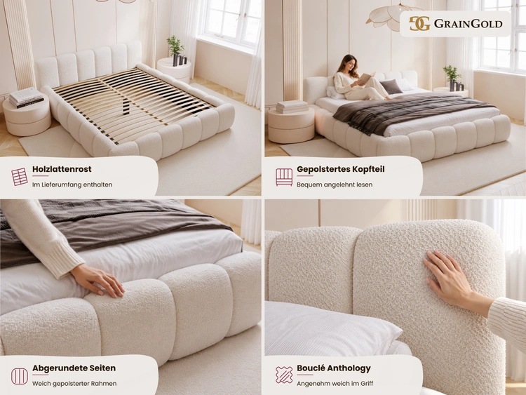 Polsterbett ohne Bettkasten mit Lattenrost 180x200 Cloud Low aus Bouclé-Stoff Grau