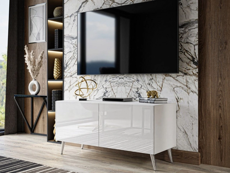 TV-Lowboard mit Türen und LED-Beleuchtung auf Silbernen Metallbeinen 100 cm Noaé Weiß Hochglanz