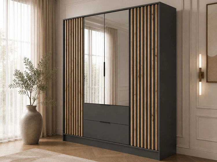 Kleiderschrank mit Spiegel 206 cm Macron Graphit, Artisan Eiche