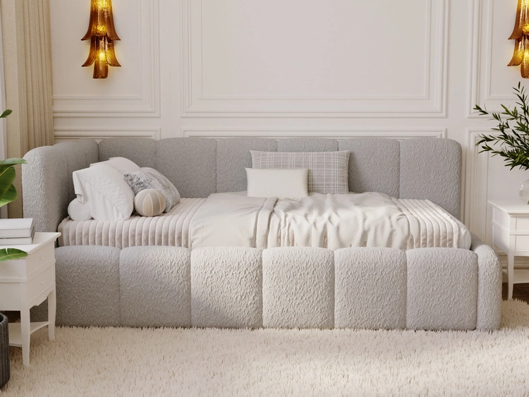 Jugendbett Einzelbett mit Bettkasten und Lattenrost 90x200 Cloud One Grau Bouclé-Stoff