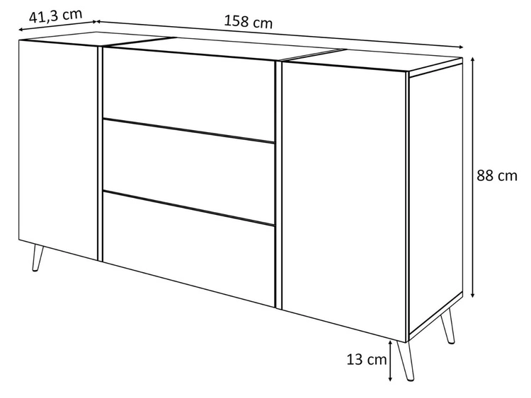 Zweitürige Kommode 158 cm mit drei Schubladen und Metallbeinen Lunelie Flagstaff-Eiche
