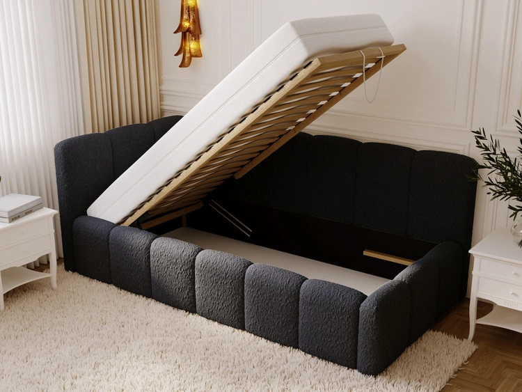 Jugendbett Einzelbett mit Bettkasten und Lattenrost 90x200 Cloud One Schwarz Bouclé-Stoff