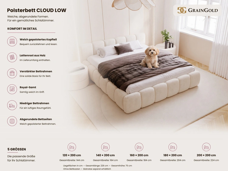 Polsterbett ohne Bettkasten mit Lattenrost 160x200 Cloud Low aus Samtstoff Braun