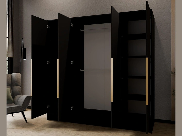 Kleiderschrank 200 cm Perugia Schwarz mit goldenen Griffen