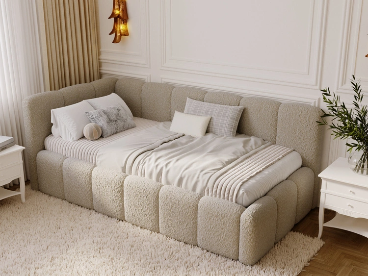 Jugendbett Einzelbett mit Bettkasten und Lattenrost 90x200 Cloud One Dunkelbeige Bouclé-Stoff